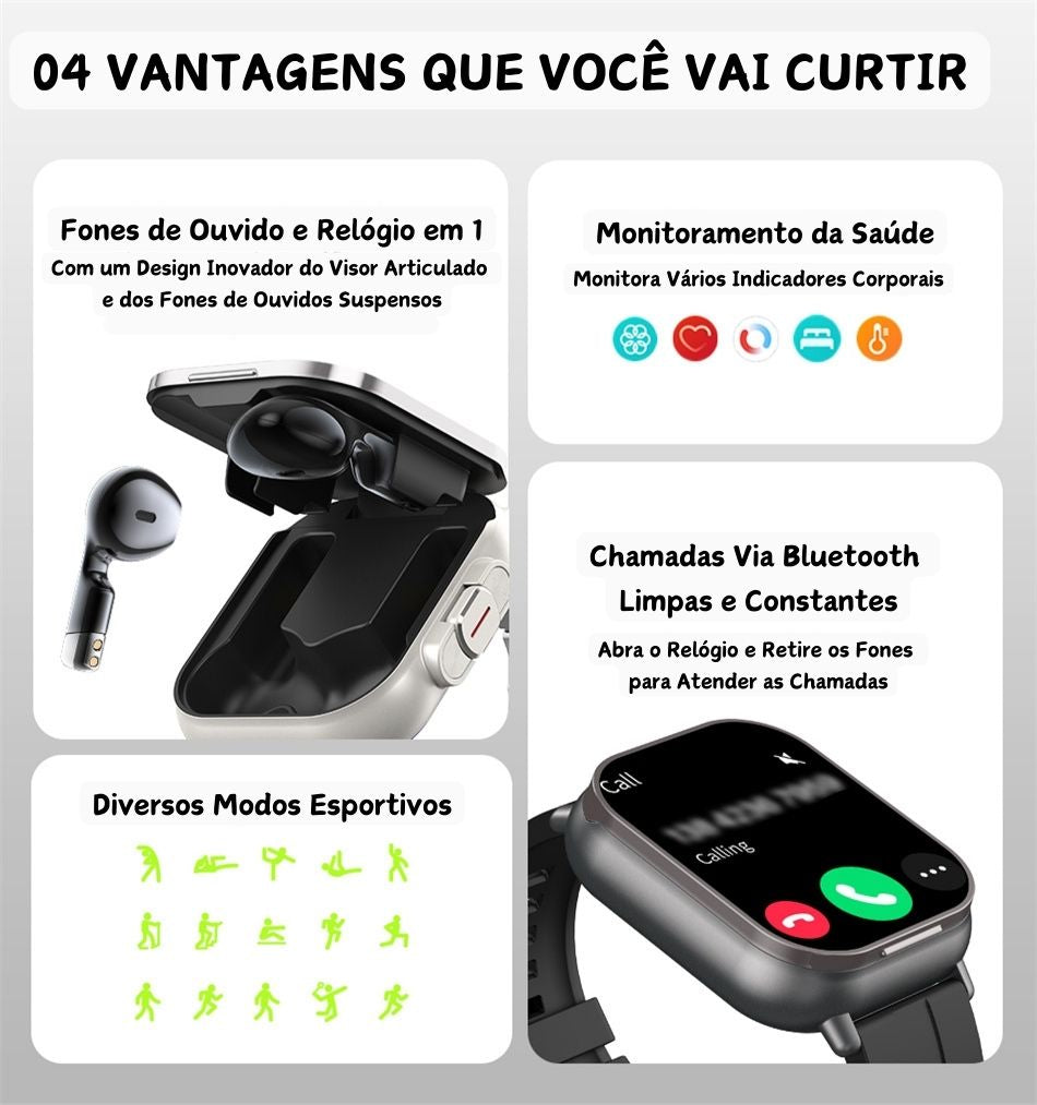 SmartWatch 2 em 1 com Fone de Ouvido Sem Fio Integrado