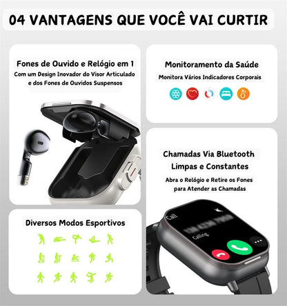 SmartWatch 2 em 1 com Fone de Ouvido Sem Fio Integrado