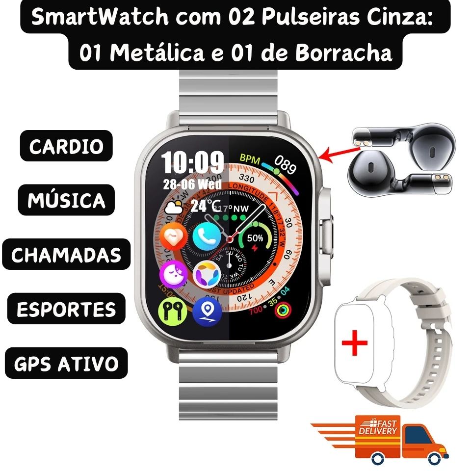 SmartWatch 2 em 1 com Fone de Ouvido Sem Fio Integrado